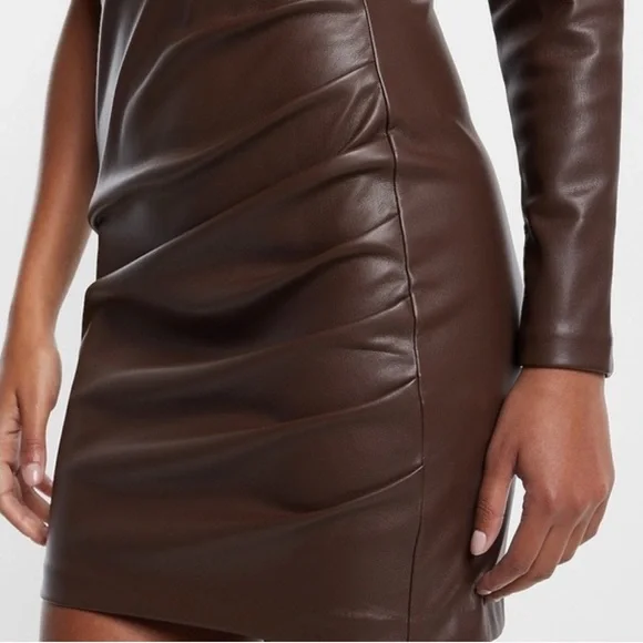 Express Faux Leather One Shoulder Mini Dress Mocha - Picture 2 of 13